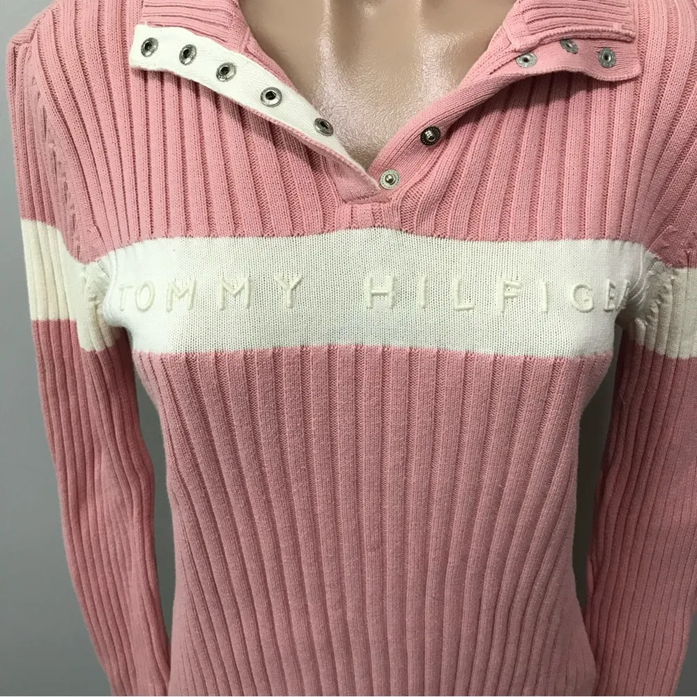Tommy Hilfiger Pink White Stripe Ribbed Knit Sweater Preppy Embossed Logo Small - Image 2