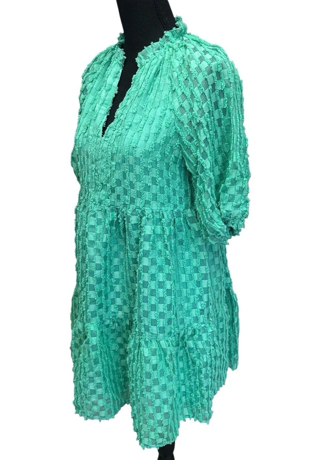 THML Grass Is Greener Puff Sleeve Texture Mini Dress Sz XS Bohemian Cottage Core - Image 6