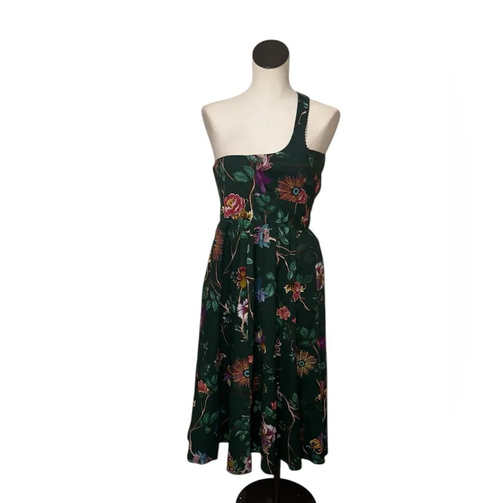 NWT Avec Les Filles Emerald Green One Shoulder Floral Midi Dress Garden Print 4 - Image 4