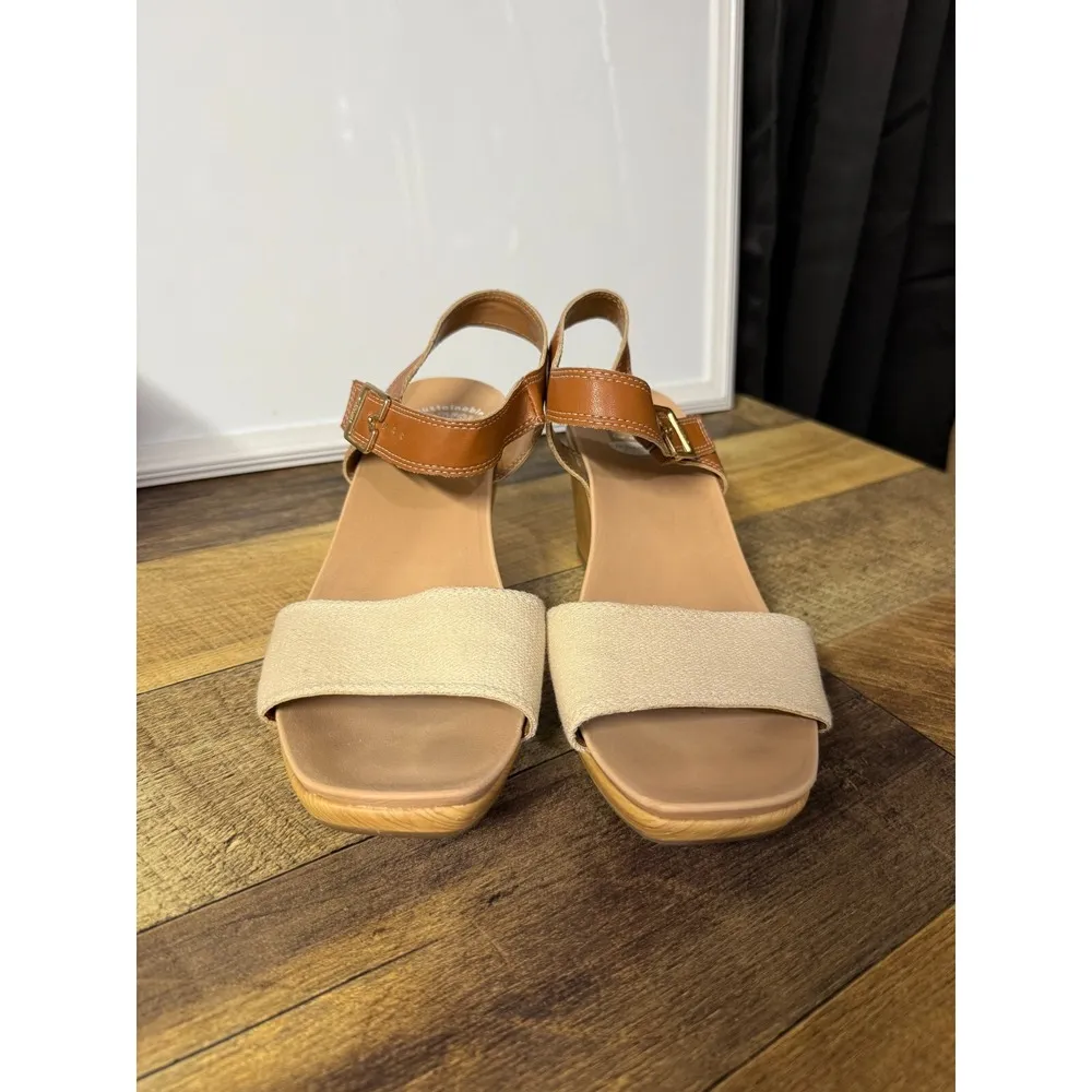 Dr. Scholls Womens Glimmer Wedge Open Toe Slingback Sandal Beige/Brown Size 9.5M Brown - Image 3