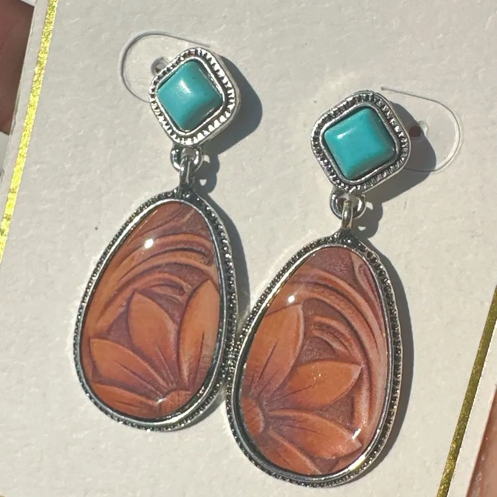 Urban Soul Earrings Blue Studs Brown Floral Teardrop silver tone - Image 3