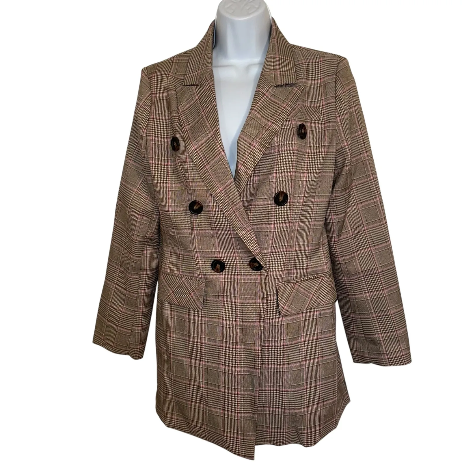 BELLE & BLOOM Too Cool For Work Double Breasted‎ Lined Brown Pink BlazerS EUC - Image 2