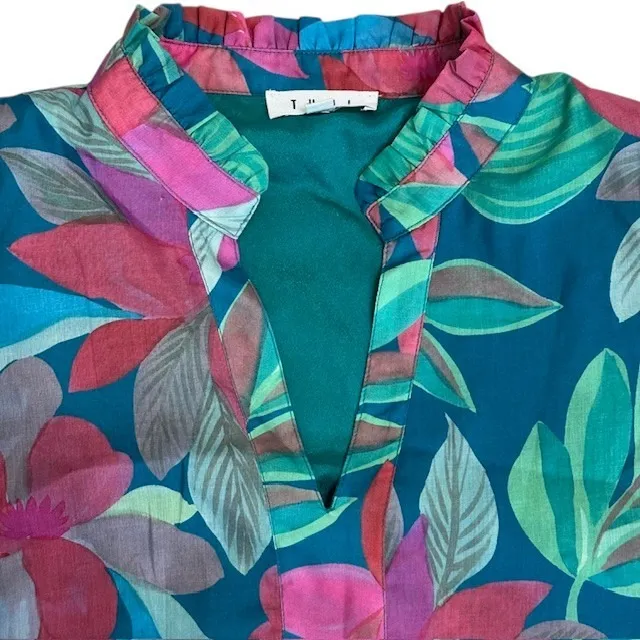 THML Flower Power Mini Dress Teal Pink Puff Sleeve Tiered Short Dress‎ Size XL - Image 8