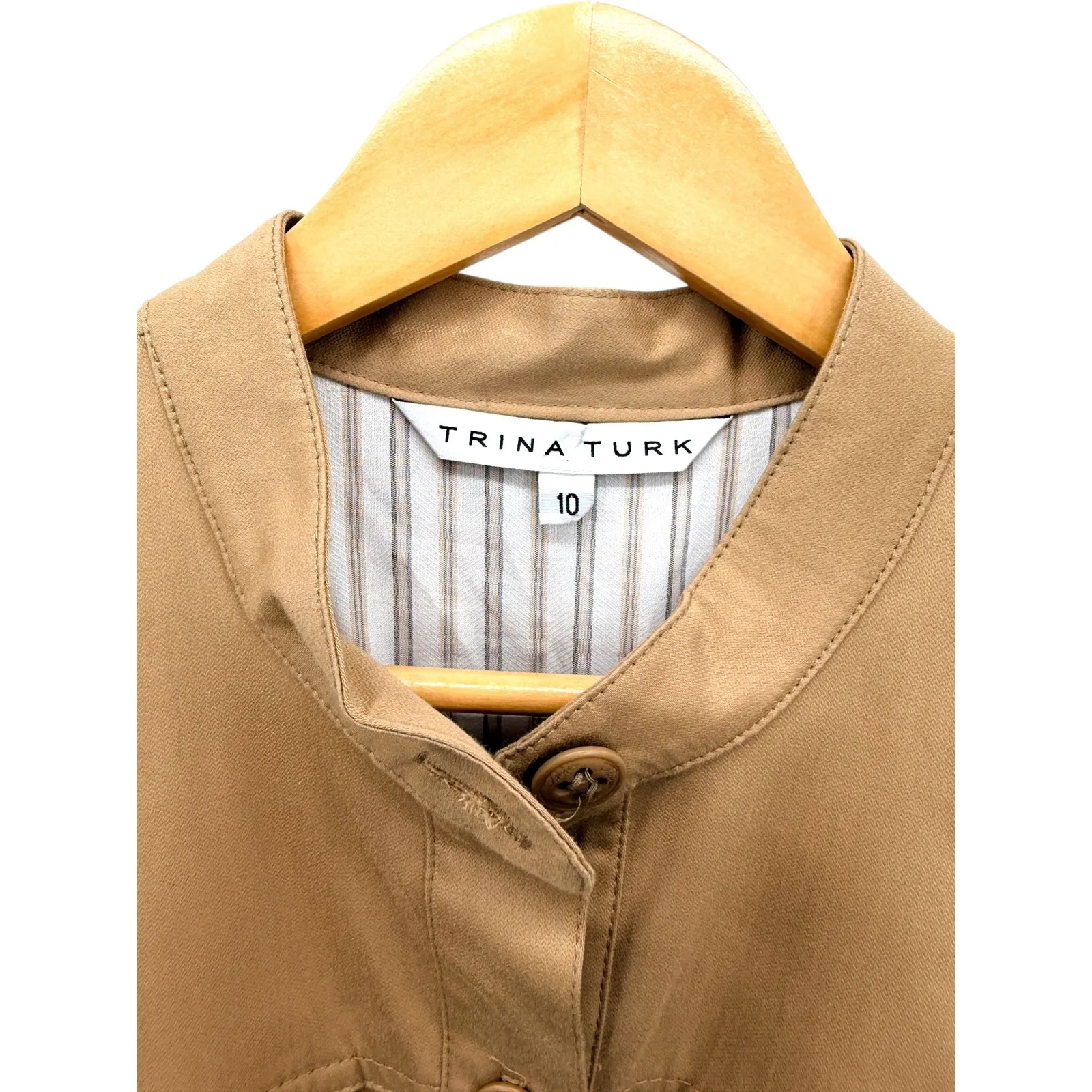 Trina Turk Safari Utility Shirt Dress Tan Belted Pockets Short Sleeve Size 10 - Image 3