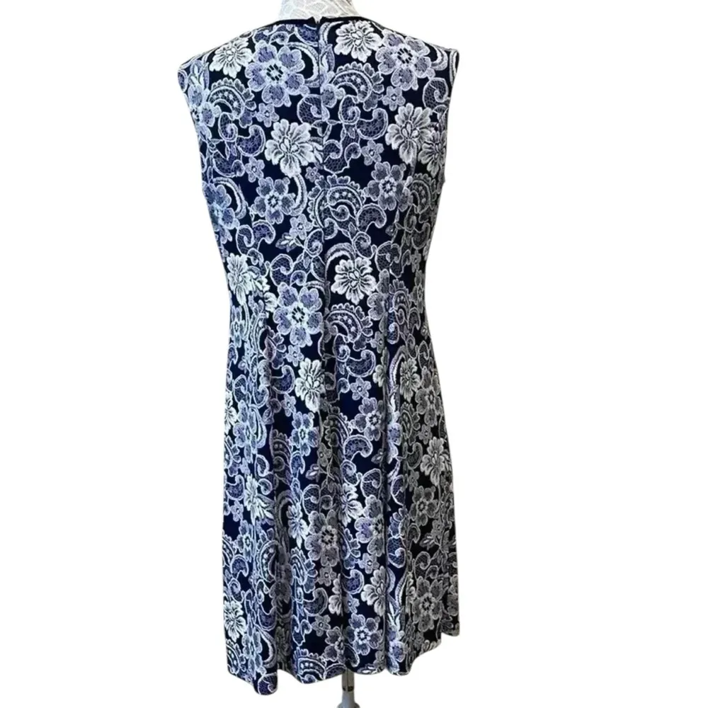 Navy & White Floral Lace Print Sleeveless A-Line Dress - Image 8