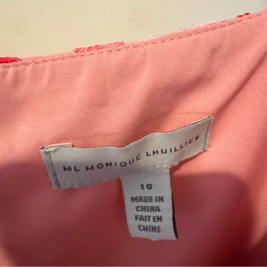 ML Monique Lhuillier Floral Embroidered Mesh Pink & White Midi Dress | Size 10 - Image 7