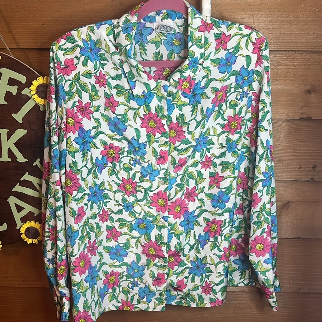 Vintage Koret Floral Button Up Long Sleeve Shirt Sateen Flower XL 90s Pink - Image 2