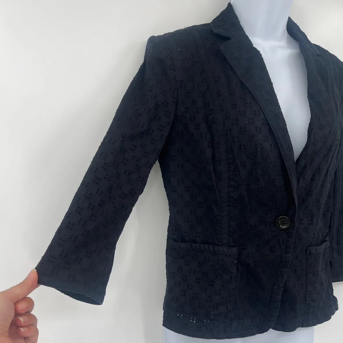 Talbots Eyelet Womens Blazer 6P Black Cottagecore Preppy Dark Romantic 1 Button - Image 5