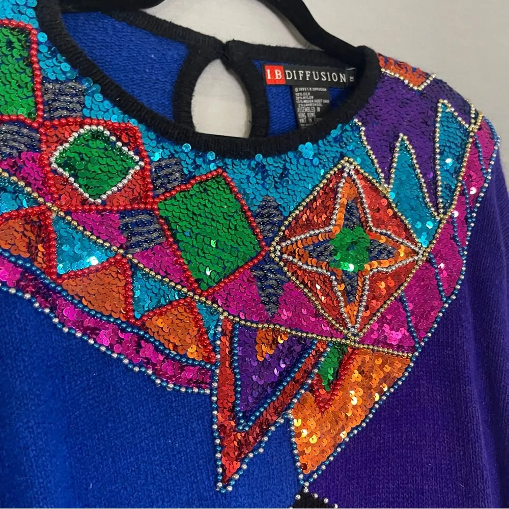 Vintage IB Diffusion Plus Size 1X Sequin Beaded Silk Wool Sweater Tacky 1992 Blue - Image 6