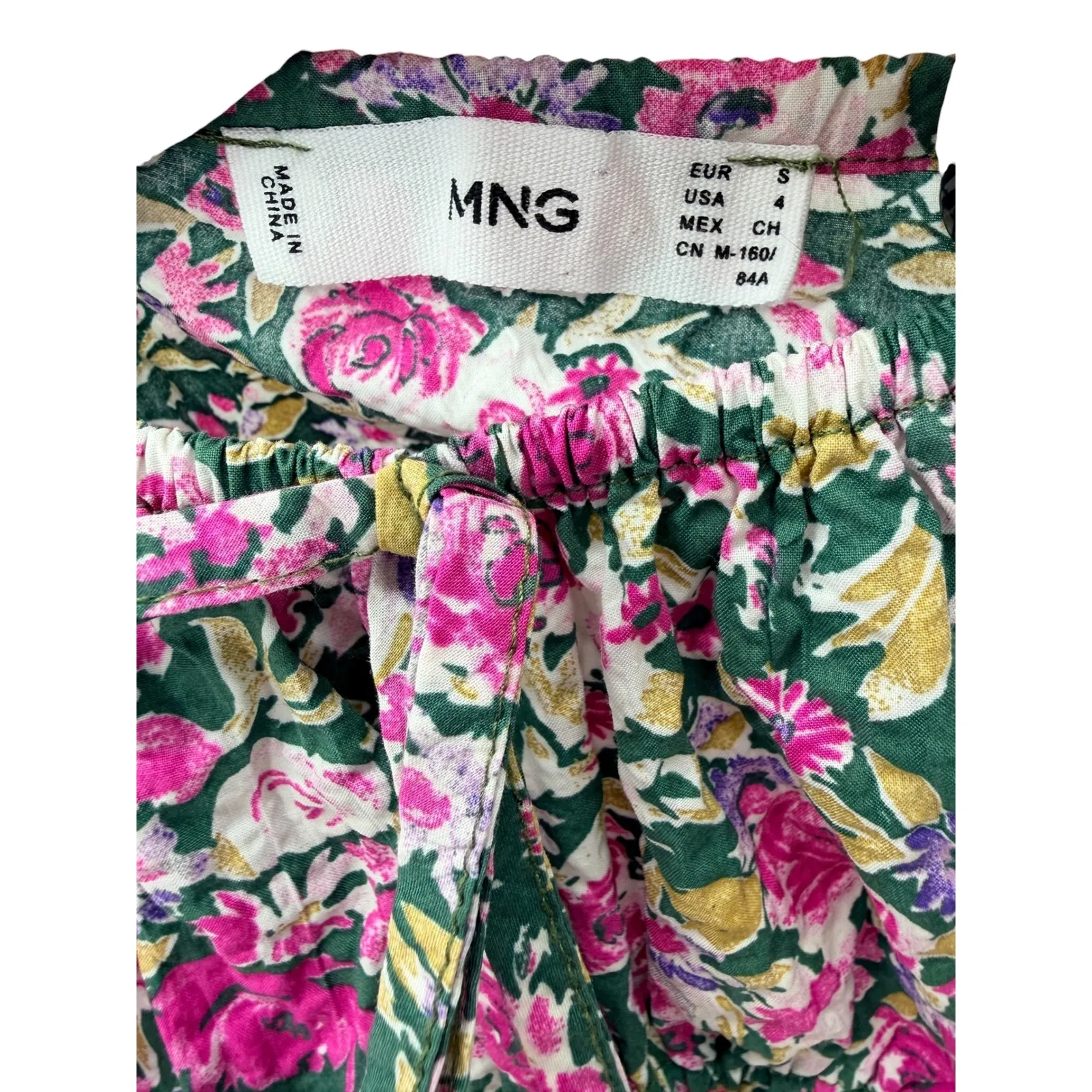 MNG Floral Smocked Peplum Top Square Neck Puff Sleeve Pink Green Women's S - Image 6