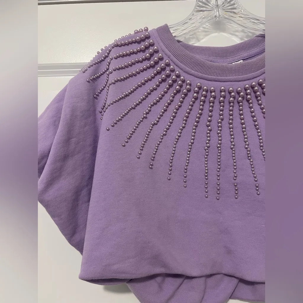 Queen of Sparkles Pearl Beaded Crop Sweatshirt Purple Size M - Image 2