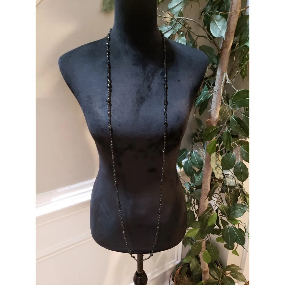 Womens Fashion Black Beaded Statement Long Collar Necklace with Lobster Clasp - Image 2