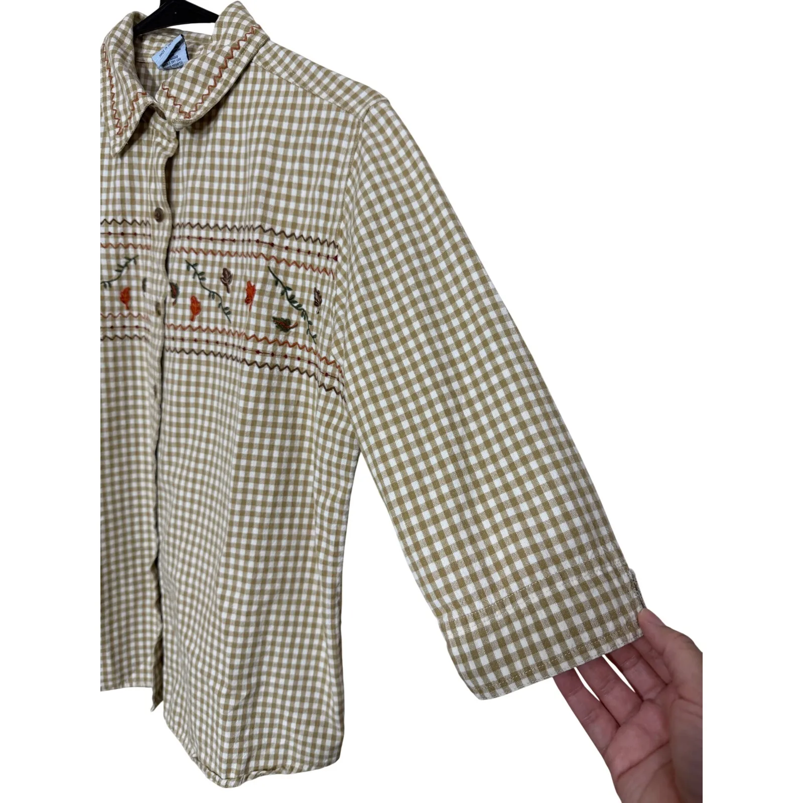 Cascade Blues Womens M Gingham Embroidered Button Up Shirt 3/4 Sleeve Top Tan Size M - Image 2