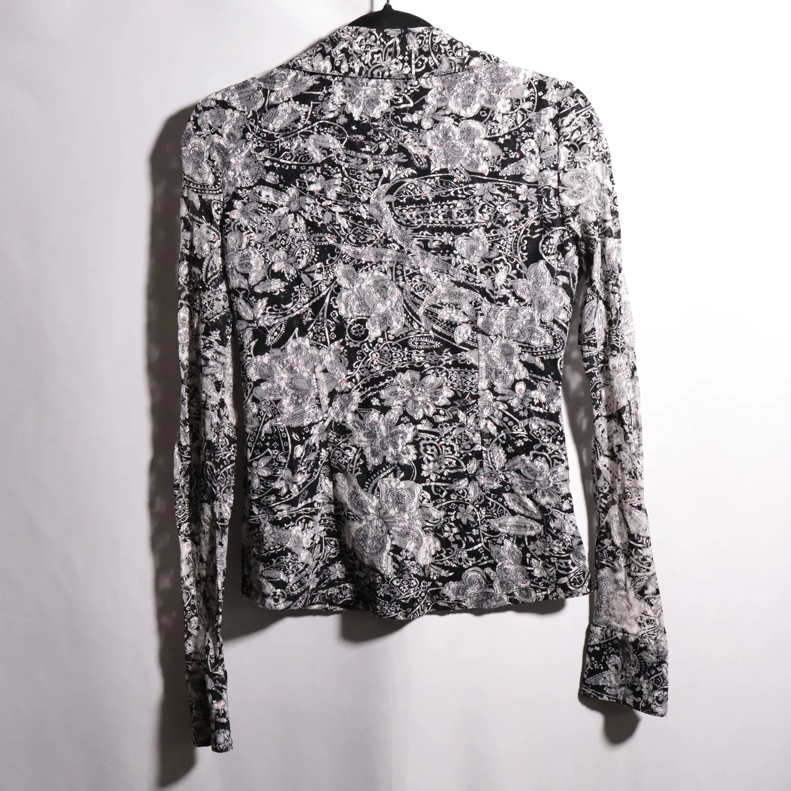 VTG Y2K Whimsigoth Mesh Bell Sleeve Fitted Button Up Top Floral Blouse Fairy S Black - Image 2