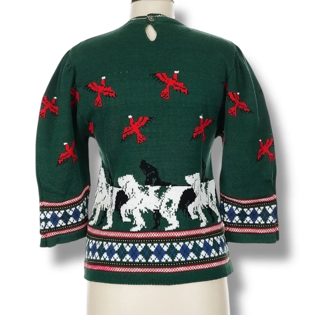 Vintage 90s Hunter Green Knit Sweater
Red Birds Dogs Fair Isle USA English Manor - Image 3