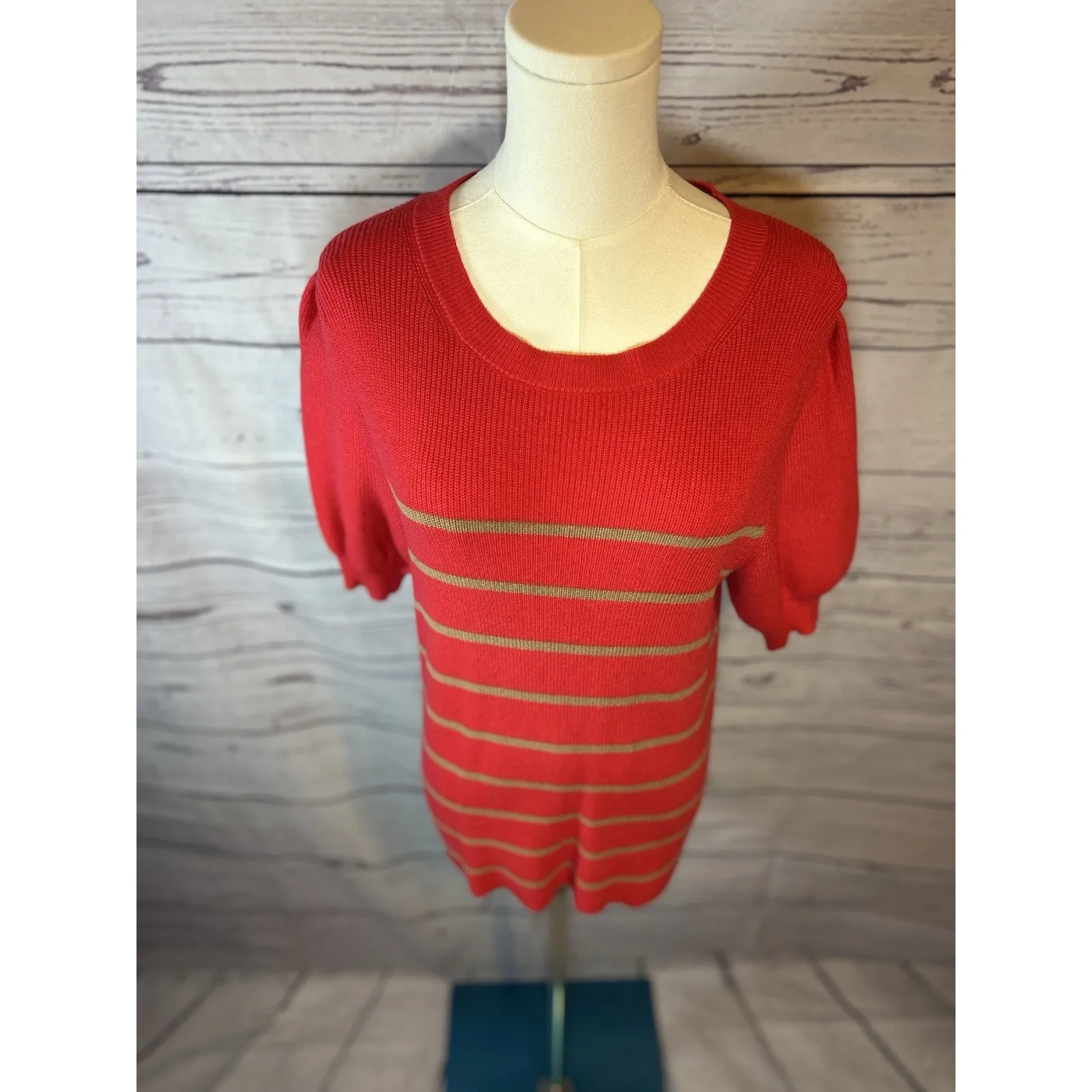 Ann Taylor Red Puff Sleeve Knit Sweater Top Women’s Medium Striped Cotton Blend - Image 2