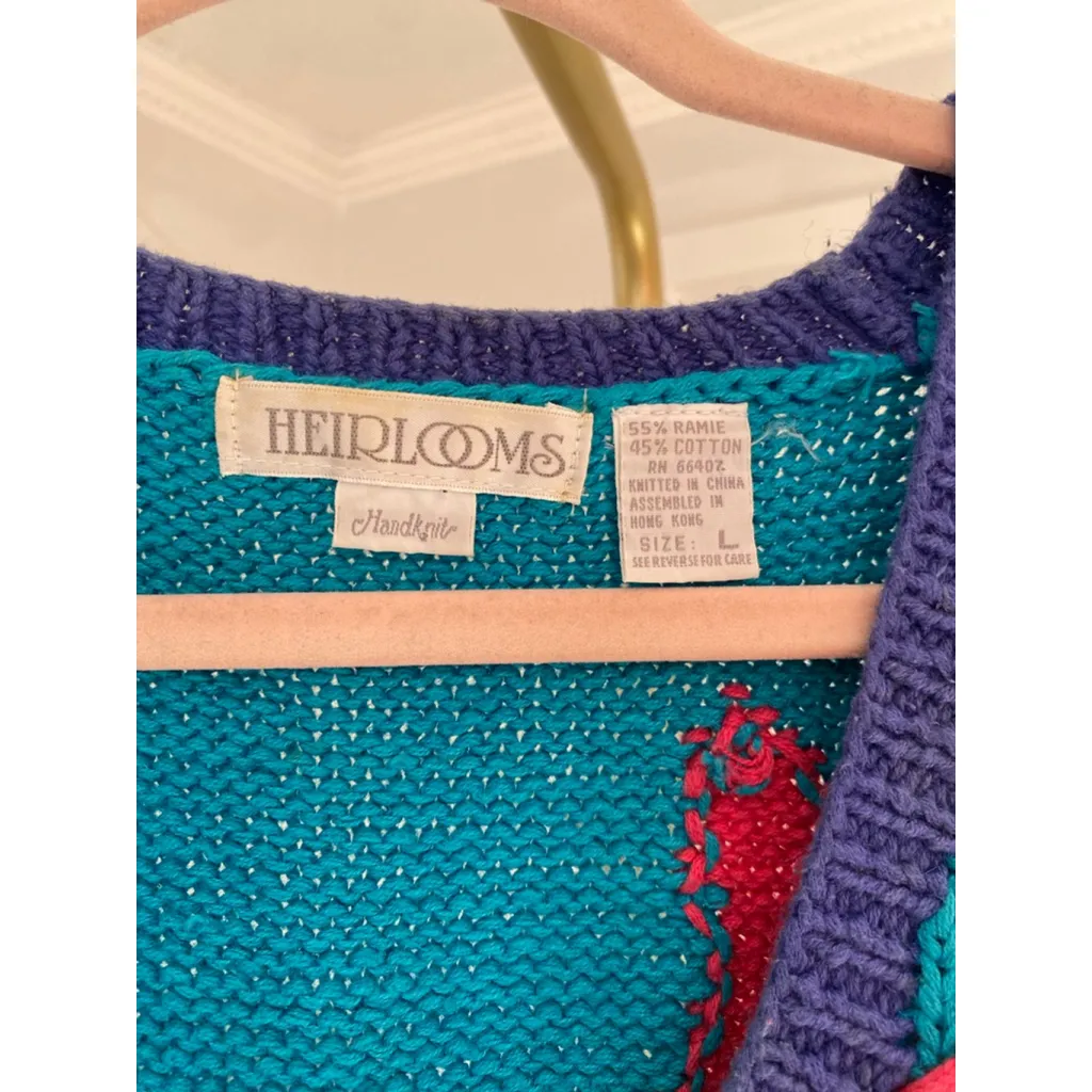 Vintage HandKnit Fish Motif Vest Colorful Artisan Teacher Art To Wear Dopamine Pink Size L - Image 5