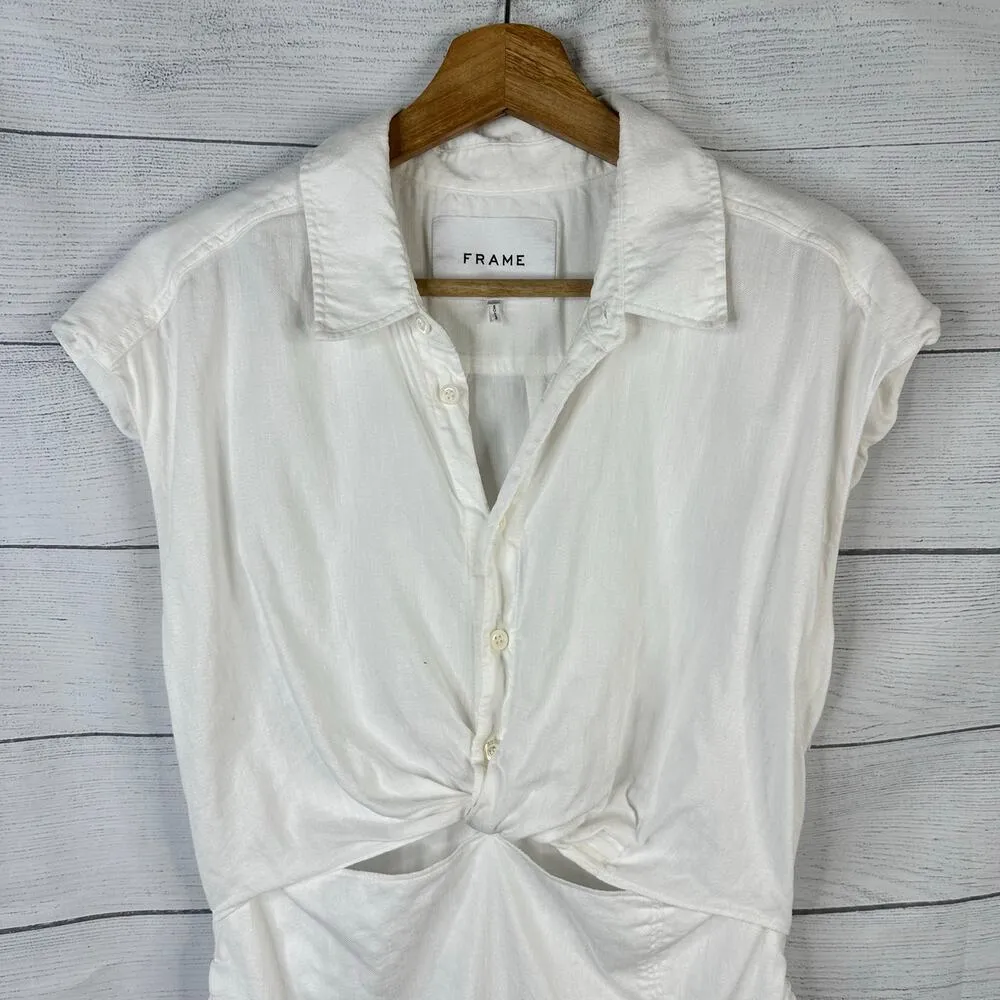 Frame Womens size Medium Linen Twist-Front Ramie Midi Dress White Lwwd0628 - Image 4