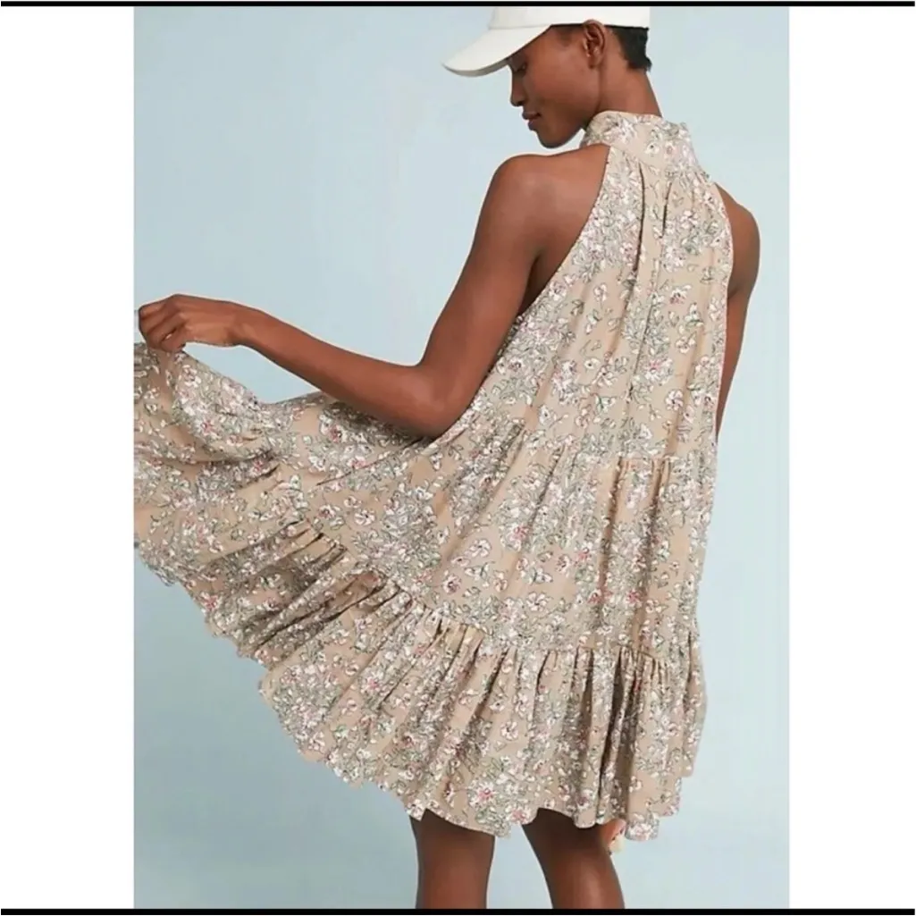McGuire Linen Blend Floral Tiered Halter Swing Mini Dress Medium - Image 2