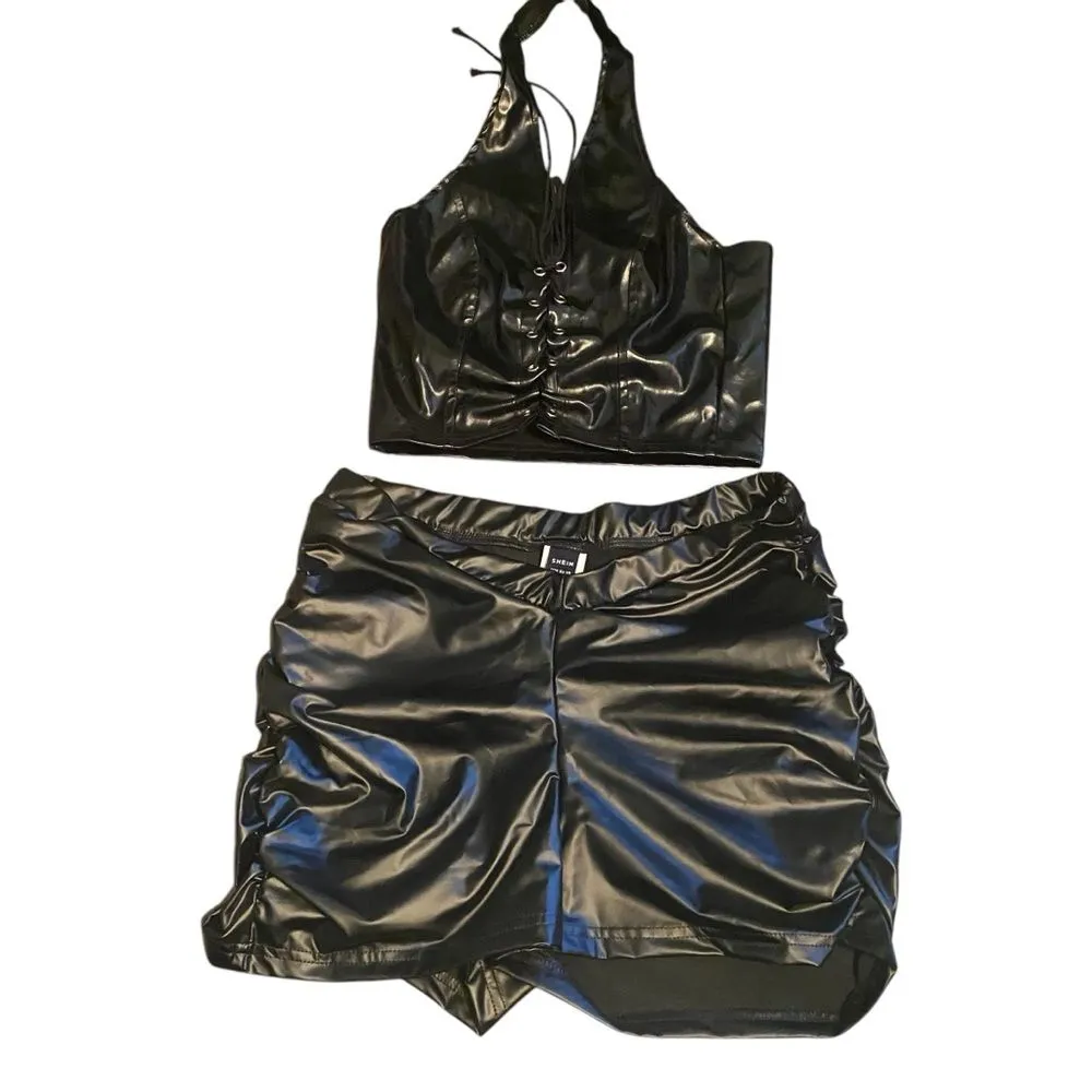Faux Leather Halter & Mini Shorts Matching Set Black Bikercore Moto Club Baddie‎ - Image 2