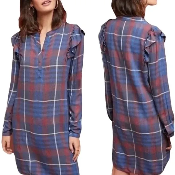 Anthropologie Cloth & Stone Dress Blue Plaid Ruffled Shirt Dress Size XS Western - Image 13
