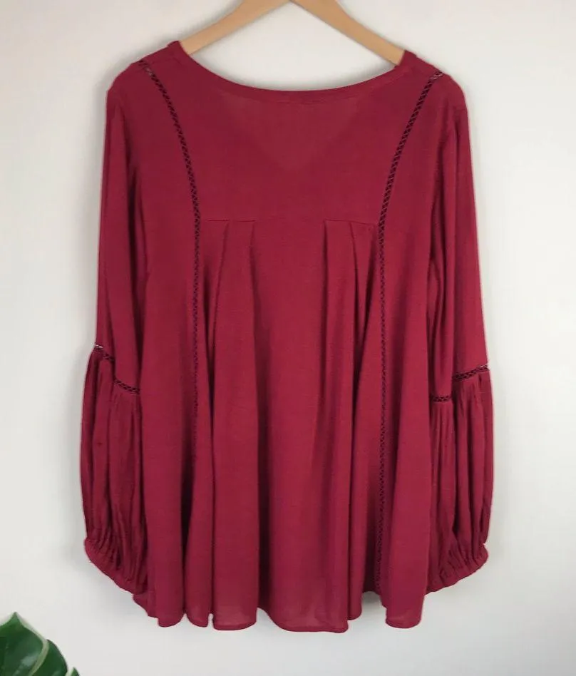 PPLA Xander Peasant Blouse Bell Sleeve Women's Size Medium Red Bohemian - Image 7
