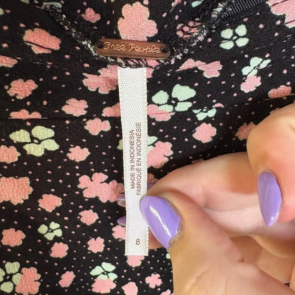 Free People Ditsy Floral Mini Skirt Black Neon Clover Lucky Girly Garden Size 8 - Image 6