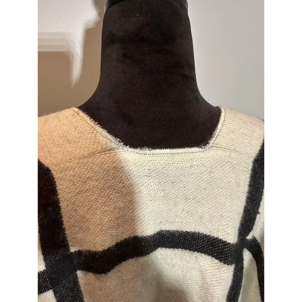 LOFT Poncho Cape Knit Sweater Ivory/Black Windowpane Check Acrylic Size M/L - Image 4