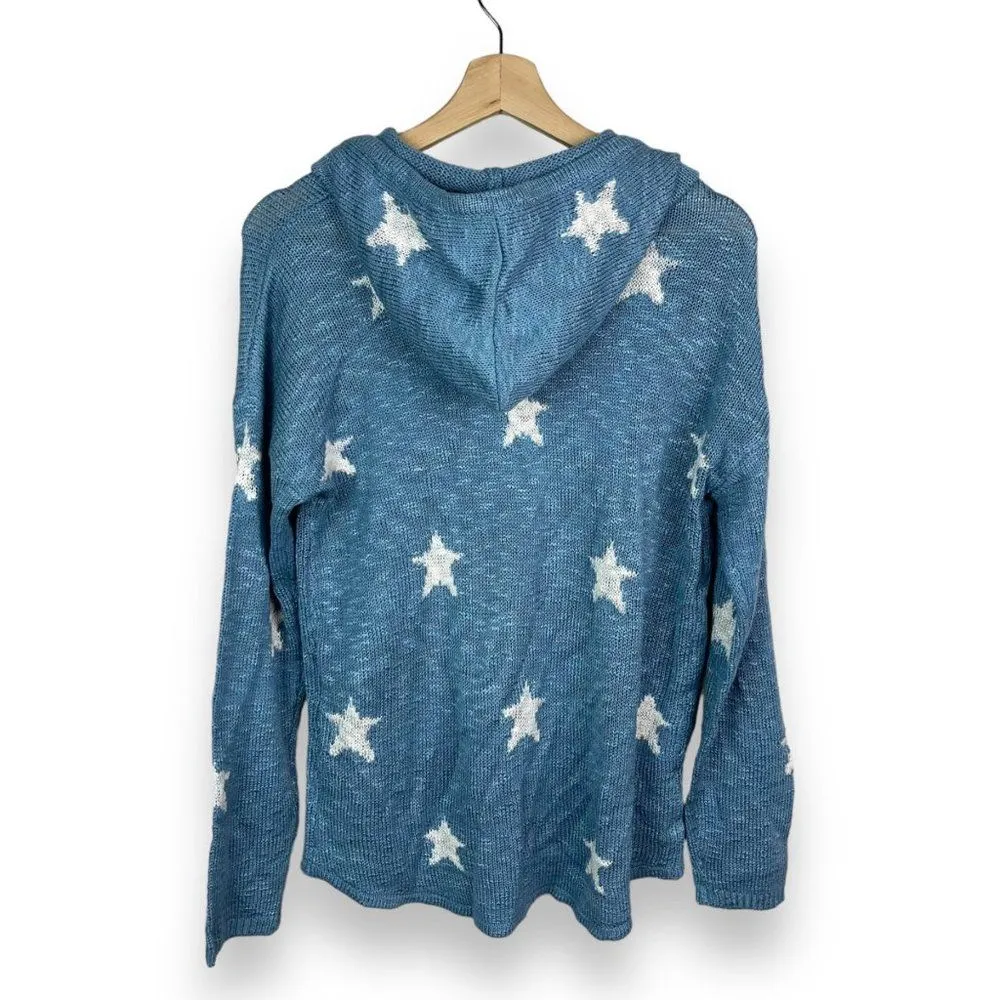 🆕 Marled Reunited Star Print Intarsia Knit Hooded Sweater Blue Size M - Image 4