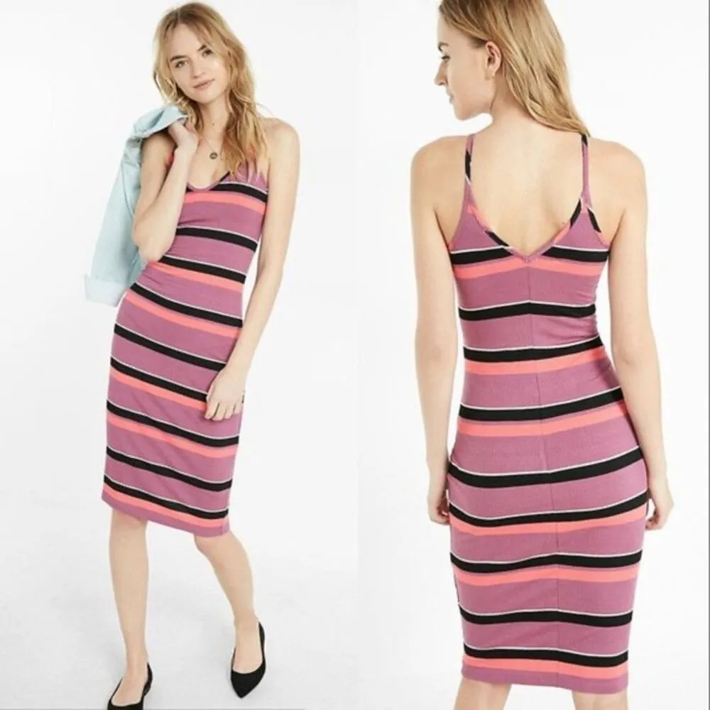 Y2k Express Pink & Purple Striped Ribbed Knit Cami Dress Retro Casual Midi Small - Image 7
