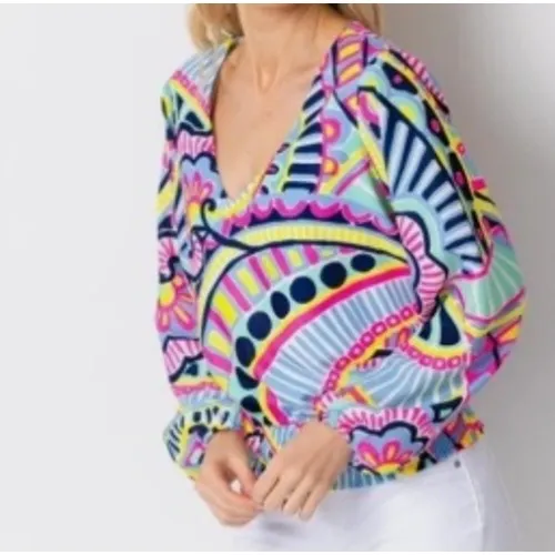 Sail to Sable Small Colorful Abstract Smocked Waist V Neck Long Sleeve Blouse - Image 9