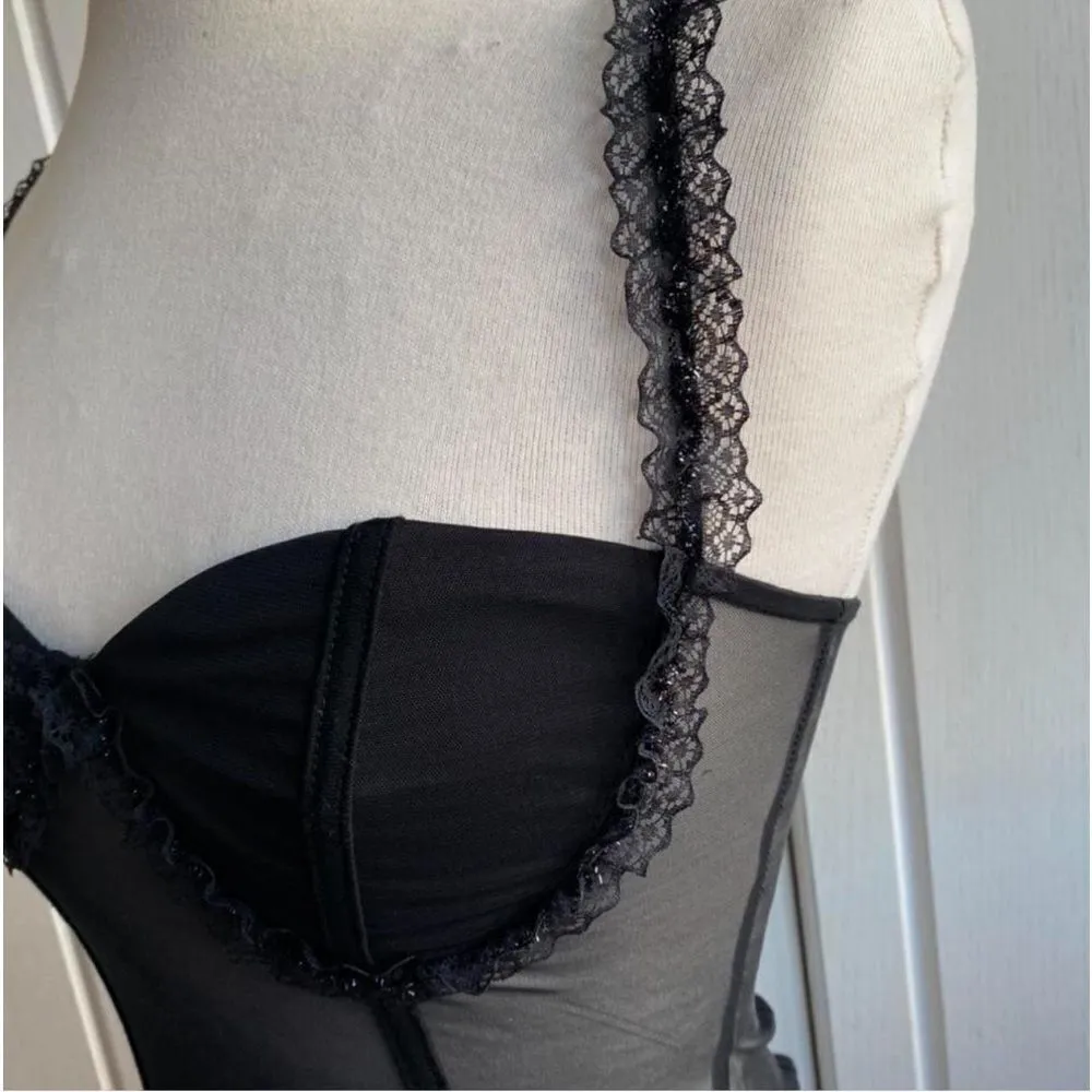 Black Mesh Bodysuit with Lace Straps and Ruffled Cup Details Size L - Image 6