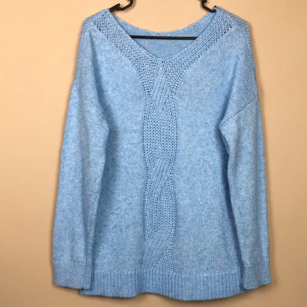 LOFT Women's Blue Open Knit Woven Back Long Sleeve Sweater - Image 5