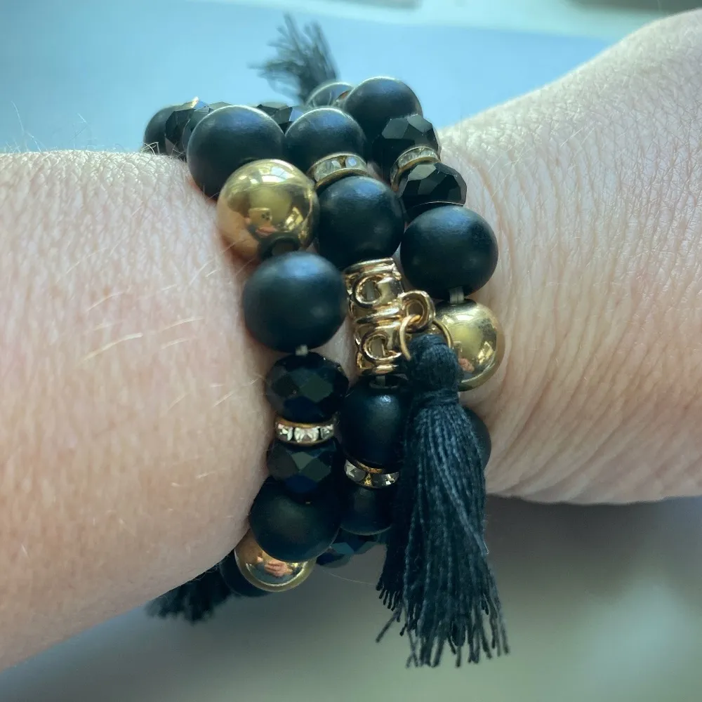 3 black and gold beaded stretch tassel bracelets - Image 2