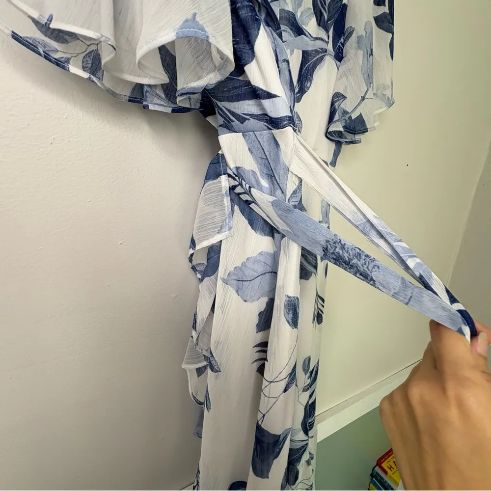 chiffon hi low ruffle dress built in liner white blue floral size 4 - Image 7