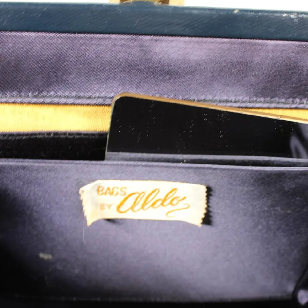 Vintage 1950s Navy Faux Leather Handbag with Art Deco Latch & Metal Chain Blue - Image 15