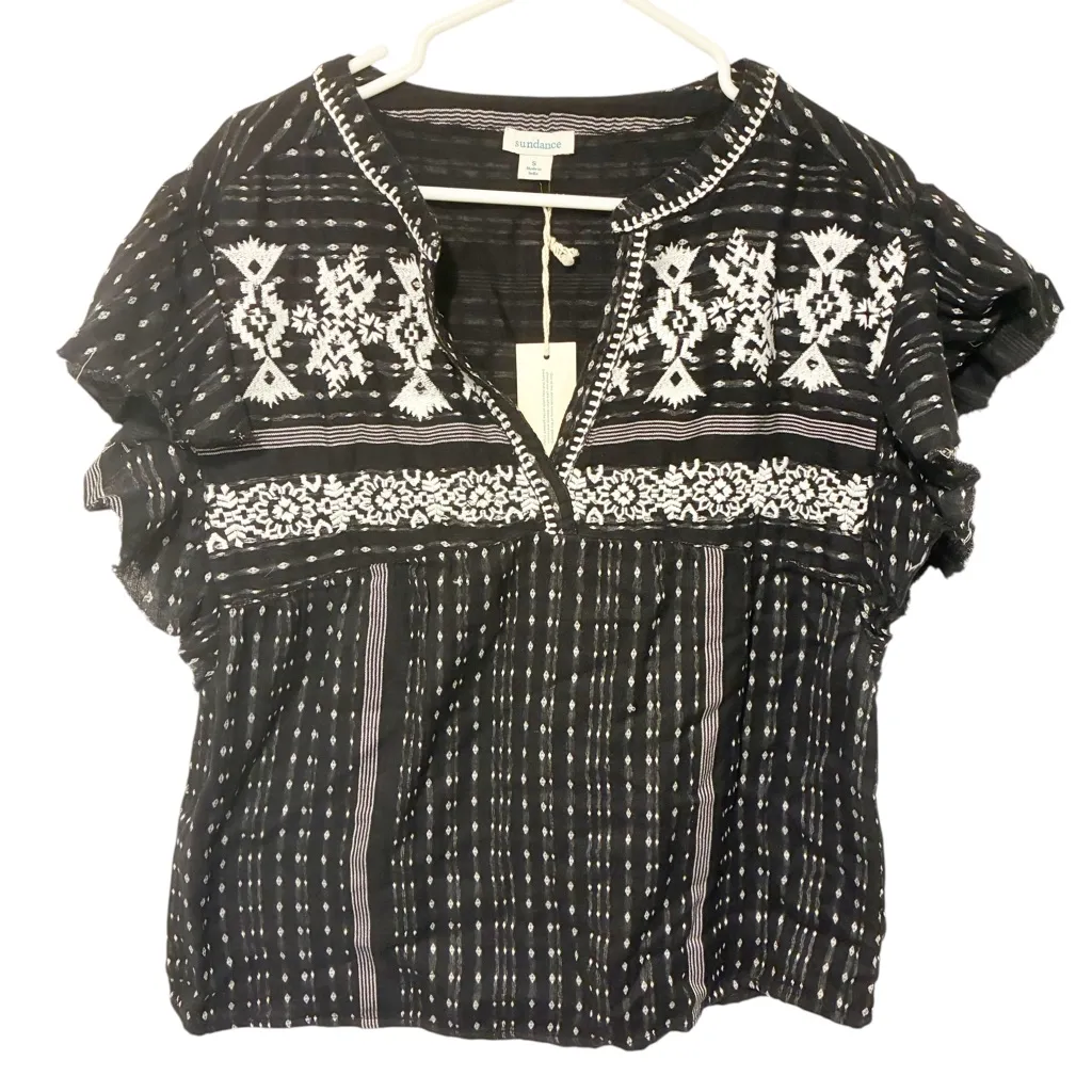 Sundance Small Electra Top Black Gauze Boho Embroidered Raw Edge Sleeves‎ NEW - Image 2