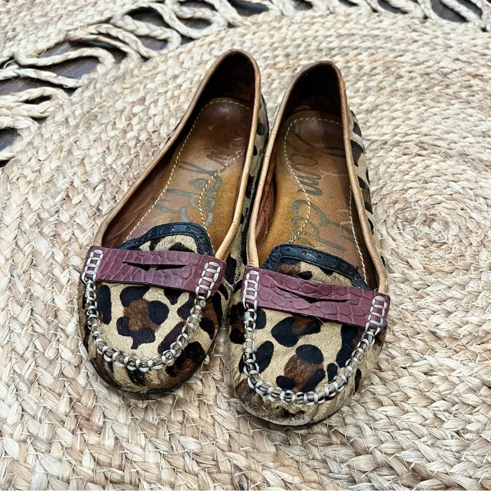 SAM EDELMAN Leopard Faux Fur Leather Penny Loafers Shoes Driving 6M - Image 2