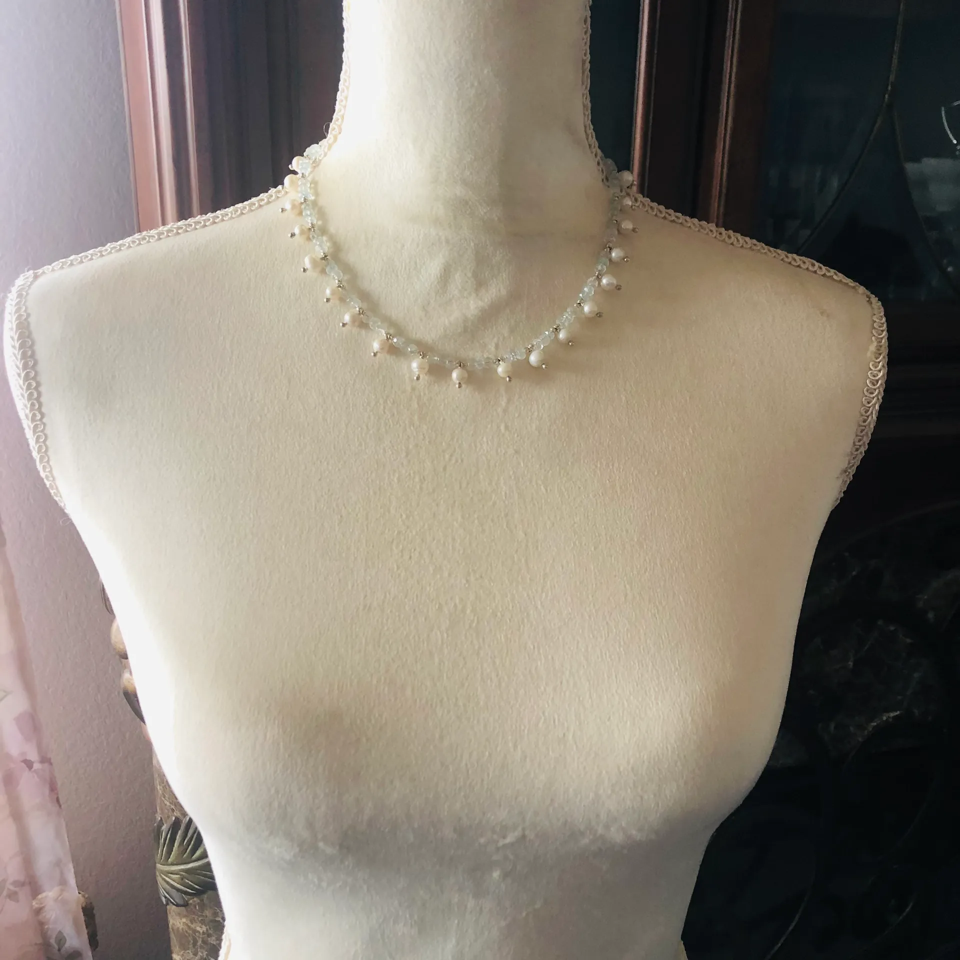 Handcrafted genuine pearl aquamarine stone  toggle clasp necklace - Image 5