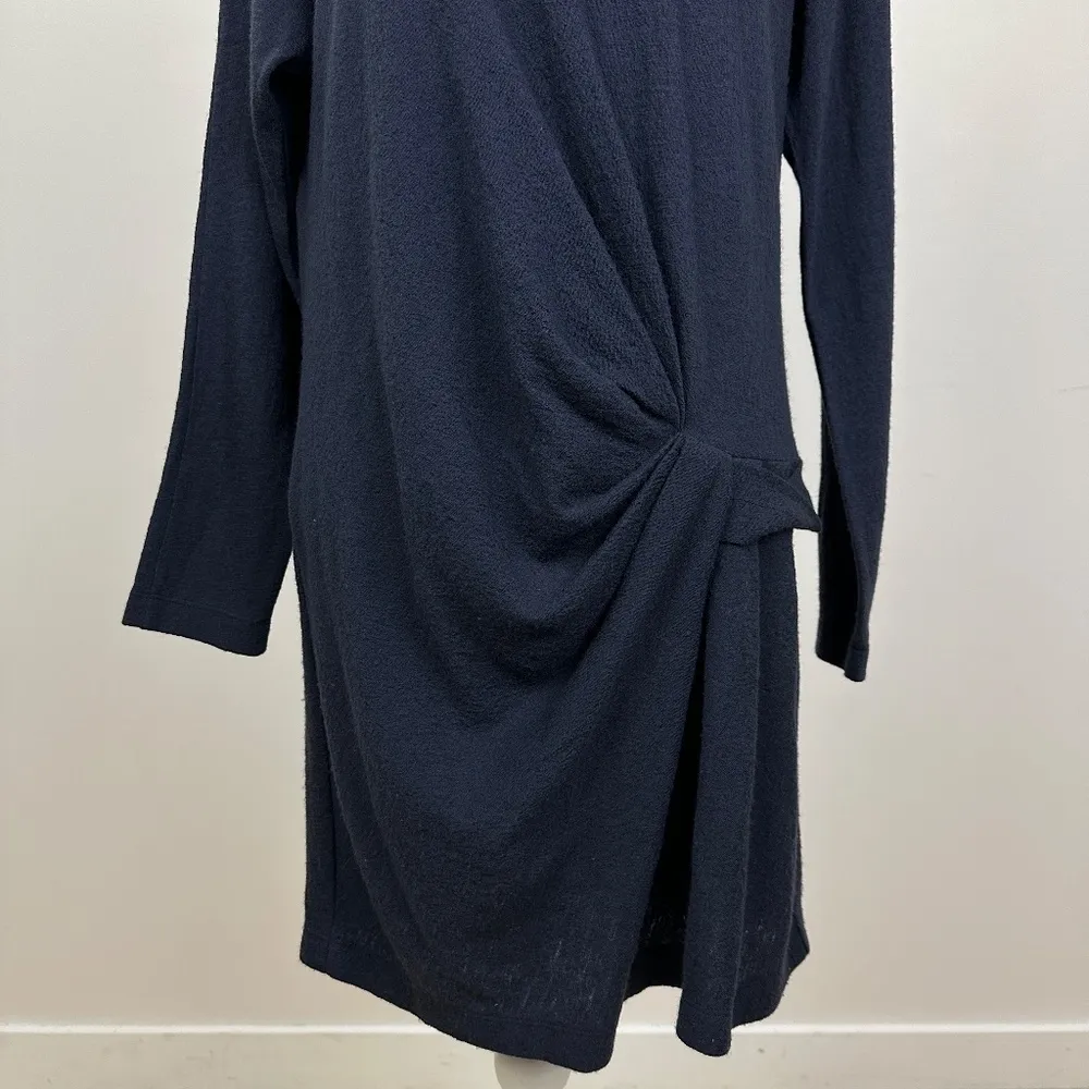 Hanii Y Wool Dress Long Sleeve Draped Navy Blue Round Neck Minimalist Medium. - Image 2