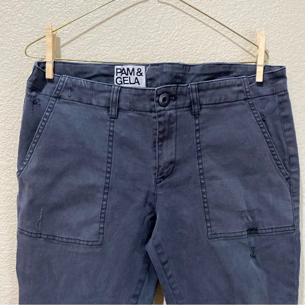 PAM & GELA Twill Skinny Cargo Pants Fray Hem Lace Up Back Size Large - Image 3