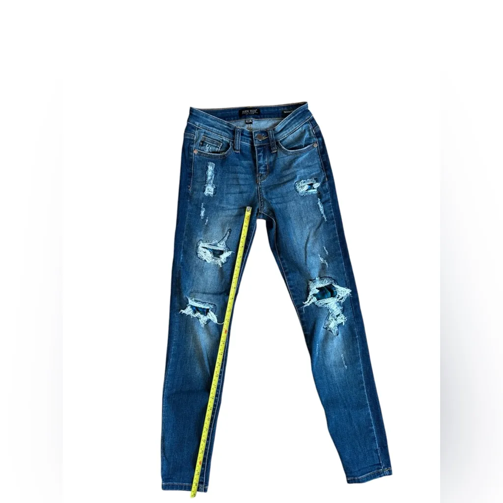 JUDY BLUE Green Blue Plaid Patch Skinny Fit Jeans Size 0/24 Women’s - Image 6