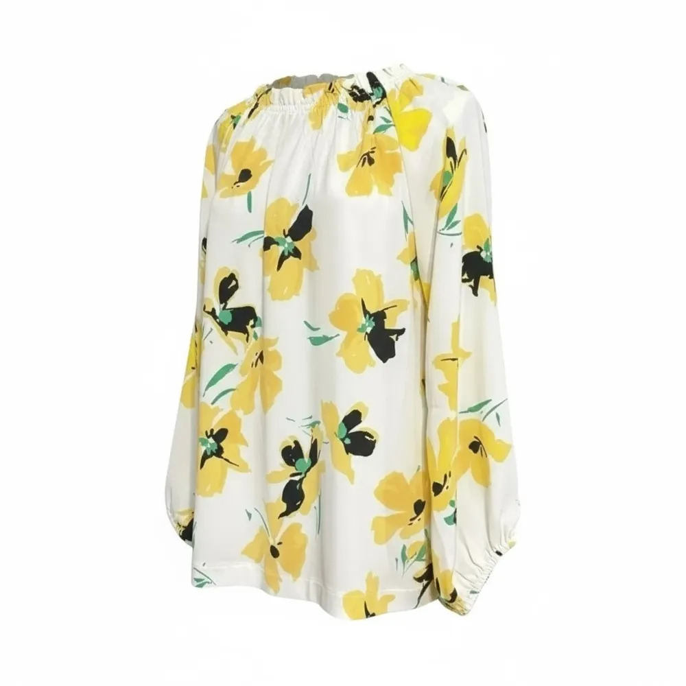 Yellow Floral Blouse Top Women’s Long Sleeve Smocked Neck Boho Spring Summer - Image 4