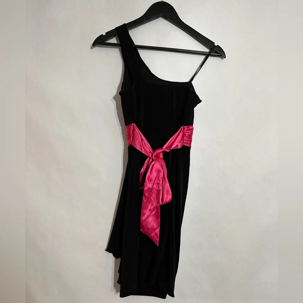 City Studio One Shoulder Black Dress Y2K Pink Satin Sash Size Small - Image 3