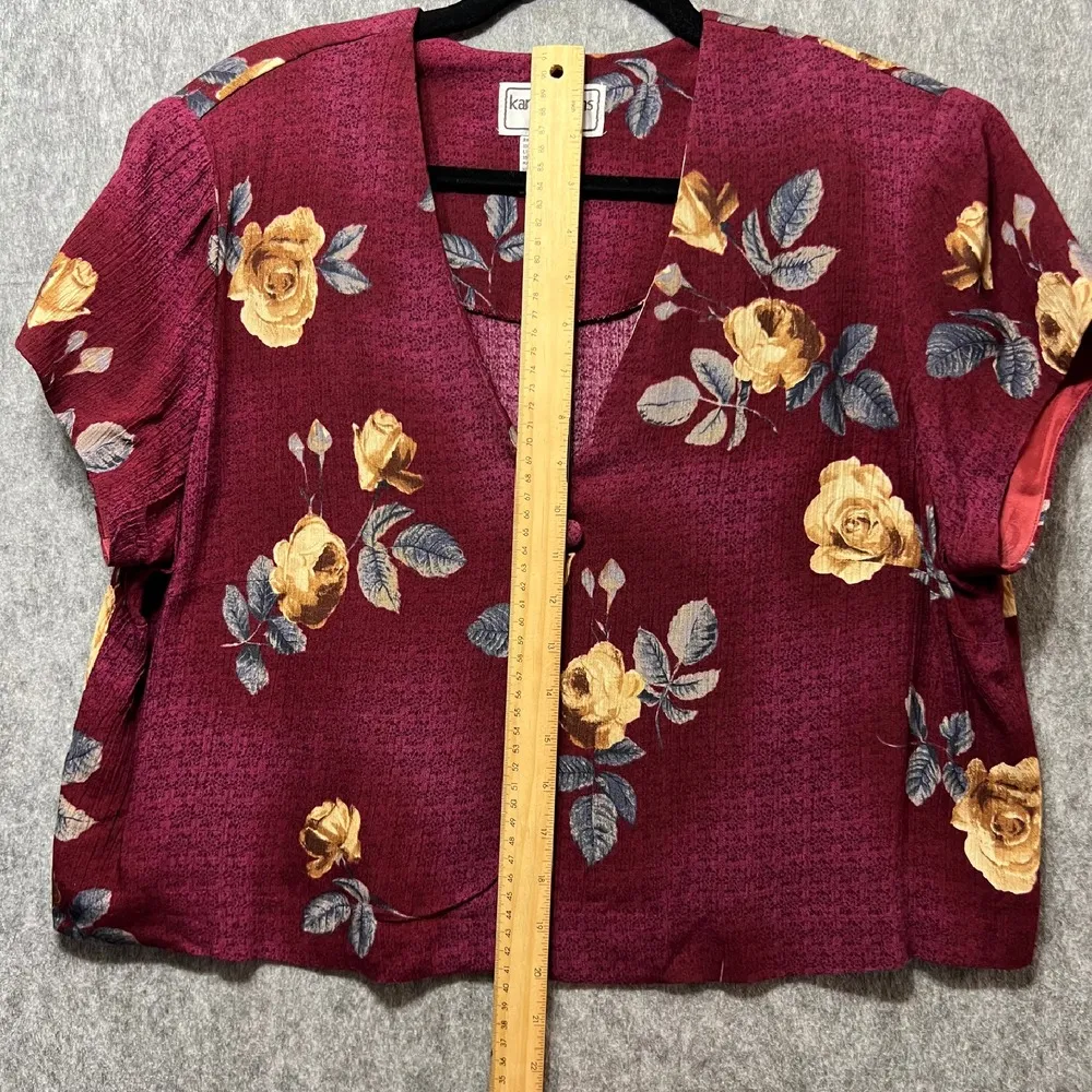 Vintage 90s Karin Stevens Floral Rose Print Button Front Top Blouse Burgundy 14 - Image 4
