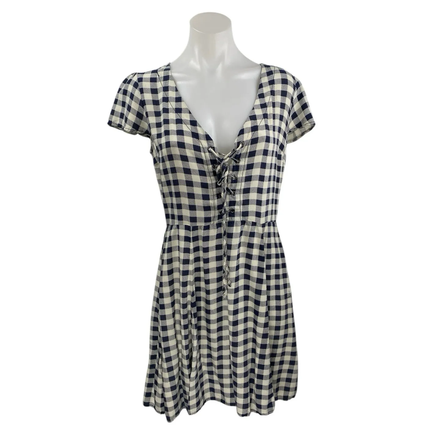 Ralph Lauren Denim & Supply Navy Blue Gingham Short Sleeve Lace Up Mini Dress 10 - Image 2