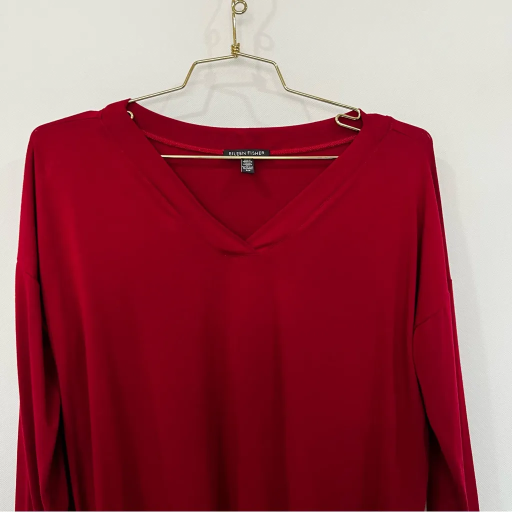 Eileen Fisher Boxy Top Size Small Red Cranberry Viscose Blend Long Sleeve V-neck - Image 4