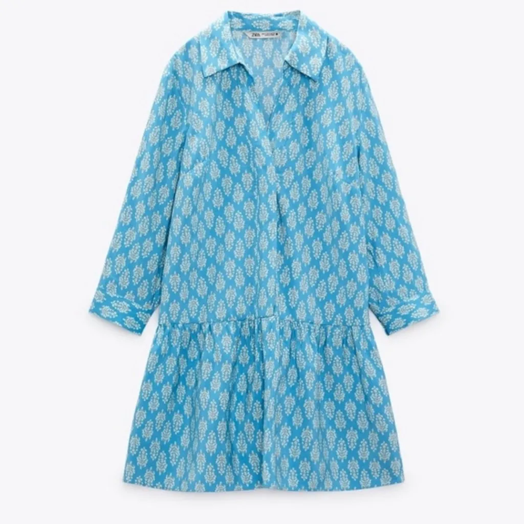 ZARA The Carly Blue & White Floral Printed Button-Up Flounce Mini Dress Medium‎ - Image 4