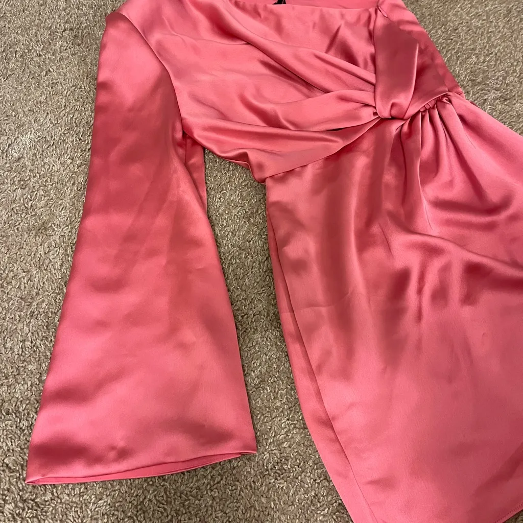 NWT Muse By Marchesa Gardenia One Sleeve Satin Dress in Size 0 & color “Punch” Pink - Image 9