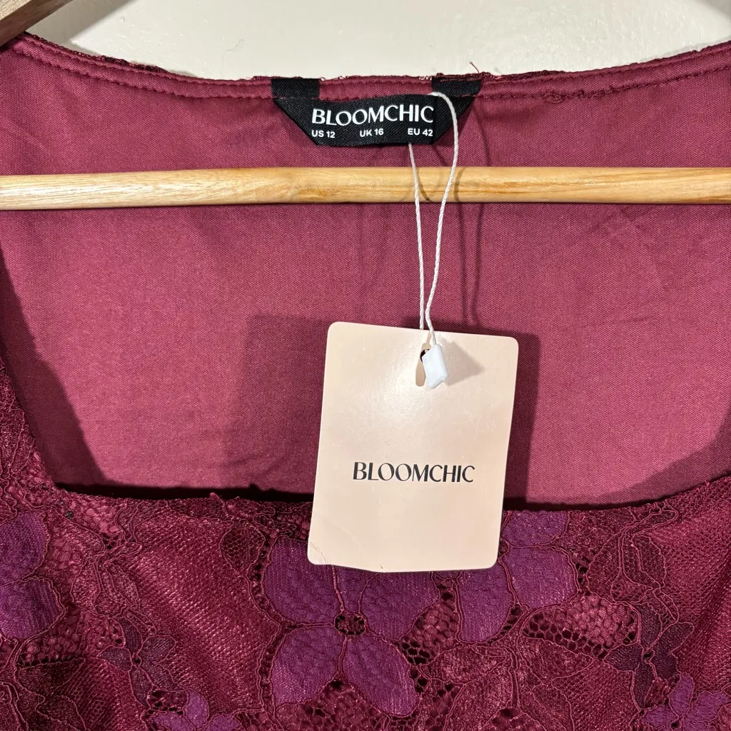 Bloomchic Square Neck Lace Panel Lantern Sleeve Blouse Size 12 NEW - Image 4